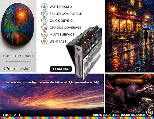28 Dark Nocturnal Colors Acrylic Paint Pens Studio Color Series Markers Set 0.7mm Extra Fine Tip, Rock Painting, Glass, Mugs, Wood, Metal, Canvas, DIY, Detailing. Non Toxic, Waterbased, Quick Drying