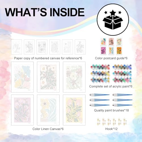 Yezavesu 6 Pack Flowers Paint by Numbers Kit for Adults Beginner 8x12 Inch | Easy Flower DIY Acrylic Painting by Numbers, Without Frame Canvas, Stress Relief Craft Kits, For Home Wall Decor Gift