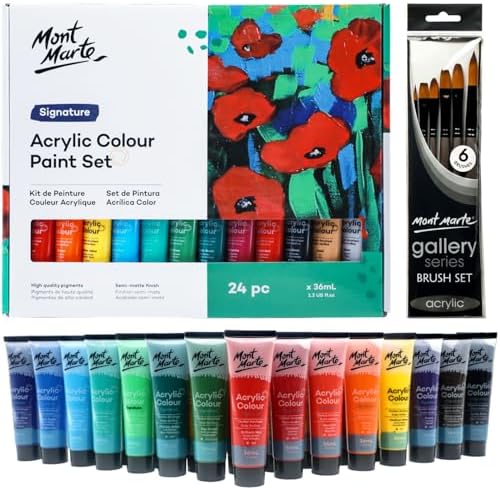 Mont Marte Acrylic Paint Set 24 Colours 36ml with Brush Set, Perfect for Canvas, Wood, Fabric, Leather, Cardboard, Paper, MDF and Crafts