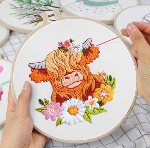 Louise Maelys Highland Cow Embroidery Kit for Beginners Floral DIY