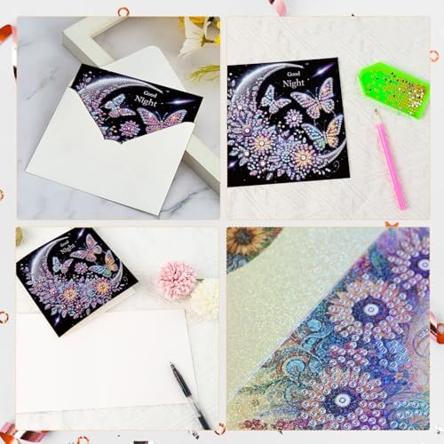 antor 6 Pcs 5D Rhinestone Painting Greeting Cards Kits, Handmade Festival Greeting Cards with Envelopes Holographic Shimmer Design DIY Diamond Art Crafts Birthday Cards for Adults (Butterfly Moon)