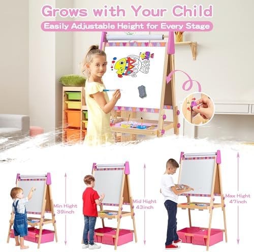 Pink 3-in-1 Wooden Kids Art Easel, Magnetic Whiteboard & Chalkboard