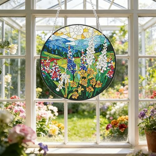 Stained Glass Flowers Diamond Art Hanging Kit for Adults, Flowers Pendant Diamonds Painting Art Kit, Special Crystal Diamond Art Painting Pendant Ornament, Craft Gift for Women Home Window Decor