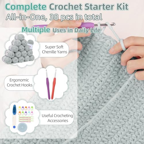 Aeelike Crochet Blanket Kit for Beginners, Easy Soft Crochet Kit, Grey