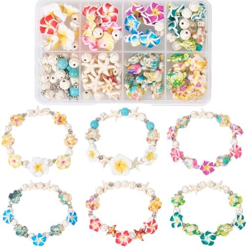 SUNNYCLUE 1 Box 159Pcs DIY 6 Sets Bracelet Making Kits Plumeria Flower Beads Polymer Clay Hawaiian Flowers Starfish Sea Turtle Beach Ocean Summer Beads for Jewelry Making Kits Adult Women Gifts