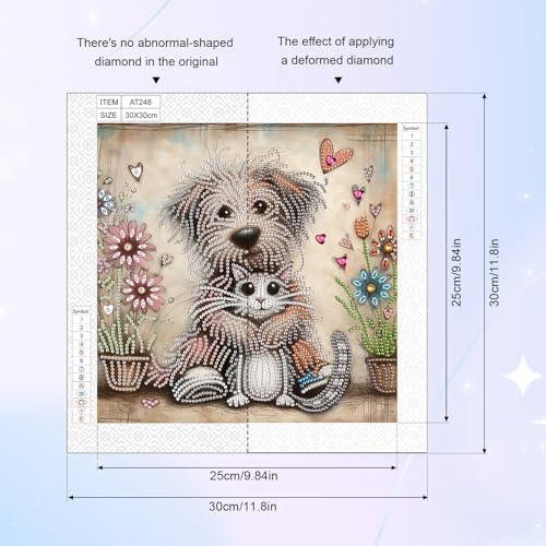 AiYuanzsh 5D Special Shape Diamond Art Kits for Beginners, Diamond Art Painting Kits for Adults, Crystal Rhinestones Diamond Art Painting for Home Wall Decoration Gift 12×12 inch, Cat and Dog