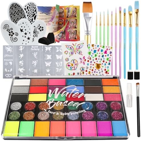 Pintada 42 Color Face Painting Kit for Kids - Non Toxic Water Activated Face Paint Palette With Stencils, Brush, Sponges, Book. For Carnival, Halloween, Costume Makeup and Festivals & Events