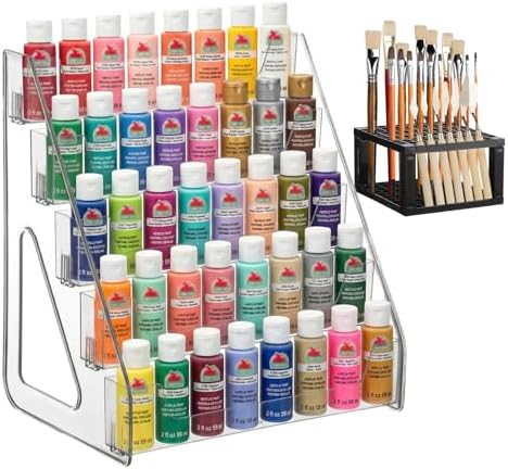 YEXEXINM Heightened Clear Paint Organizer with Paint Brush Holder 5-Tier Acrylic Craft Storage Stand for Bottles Paint Storage Rack Miniature Paint Holder Display Craft Paint Organizer Rack