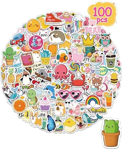 100 Pcs/Pack Water Bottle Stickers for Kids, Cute Vinyl Waterproof Stickers | Party Favors for Girls Teens, Back to School Supplies Gifts, Classroom Prizes, Goodie Bag Stuffers, Teacher Classroom Supplie