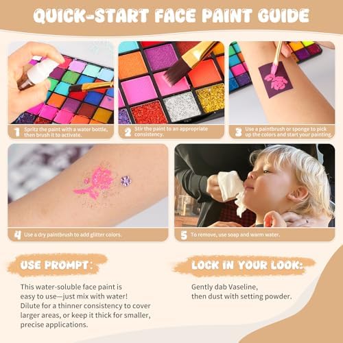 Pintada 54 Color Face Painting Kit for Kids - Non Toxic Water Based face paint Set with Brushes, Stencils, Gems & Sponges, - Safe for Sensitive Skin, Halloween, Birthday Parties, Cosplay & Festivals