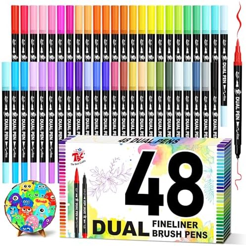 Brush Pens for Adult Coloring Books, 48 Colors Dual Tip Art Markers – Fine Tip for Outlining + Brush Tip for Coloring, Water-Based Non-Bleeding Markers for Journaling, Calligraphy, Hand Lettering
