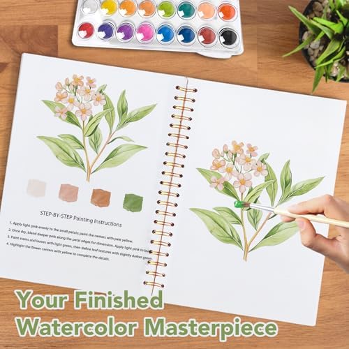 Easy Watercolor Workbook for Beginners - 12 Beautiful Step-by-Step Paintings Water Coloring Book, Includes 16 Watercolors Set, Relaxing Art Projects and Creative Gift for Adults & Teen (Flowers)