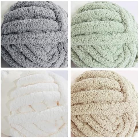 MABOZOO Assorted Chunky Yarn for Hand Knitting 8 Pack, Fluffy Jumbo Chenille Yarn, Soft Plush Yarn Bulky, Giant Thick Fuzzy Yarn for Arm Knitting, Cream & Khaki&Sage&Grey(31.7 yds,8 oz Each Skein)