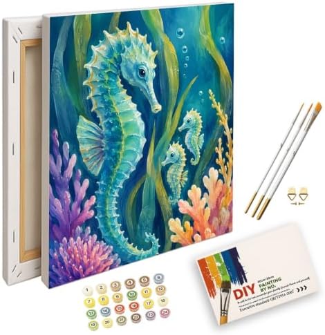 ENTORLAB Ocean Animals Digital Painting Kit for Adults - DIY Seahorse Family Coral Reef Oil Painting on Canvas 8X12IN Framed, Acrylic Paint Kit, Good for Beginners, Coastal Home Decor or Gift Artwork