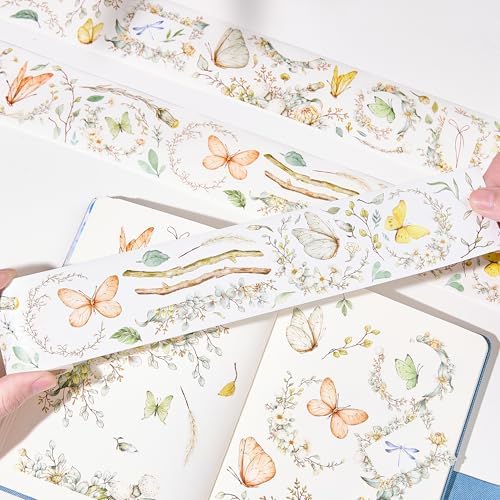 WT Pre-Cut Zephyr Bloom Wide Washi Tape, Single Roll, Original Designs, Wildflower & Butterfly Motifs, Decorative Japanese Paper Tape for Journaling, Planner & DIY Crafts, 60mm x 5m