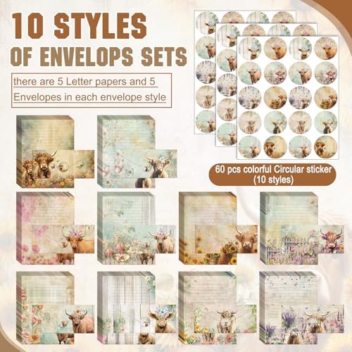 TaoBary 160 Pcs Floral Highland Cow Stationery Paper and Envelopes Set