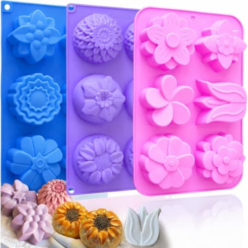 Soap Molds Silicone Flower Shapes 3-Pack, Chocolate Ice Cube Cake Candy Gelatina Rose Molds Bath Bomb Different Floral Molds, Homemade DIY Non-Stick Craft Food Grade Molds BPA Free Tray Molds