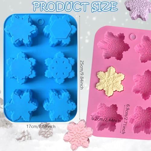 2 Pcs Snowflake Silicone Candle Soap Molds for Christmas Baking Chocolate Candy Cake Pan Cookie Jelly Muffin Ice Cube Trays Baking Moulds DIY Bath Bomb Molds Decoration (Blue Pink)