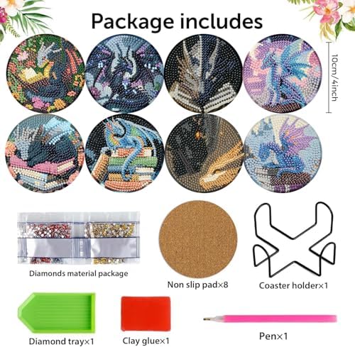 NEGEKFKX 8 Pcs Dragon Book Diamond Art Painting Coasters Kits, Coaster with Holder for Adults, Non-Slip DIY Dot Paint Craft Kits,5D Full Drill DIY Diamond Dot Gem Art Kit Home Decor Arts Craft