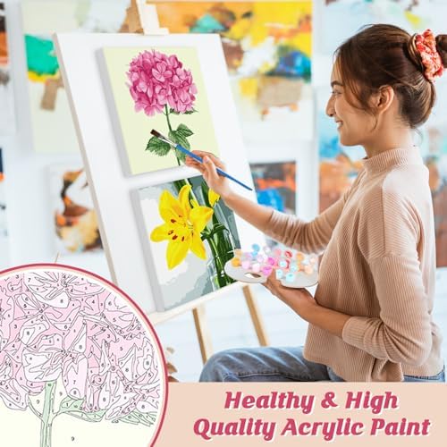 Genius maker Paint by Number for Adults Beginners, 4 Pack DIY Adult Paint by Number Kits on Canvas Framed, Flowers Color by Numbers Acrylic Oil Painting Number Kits Crafts for Home Wall Decor 8x8inch