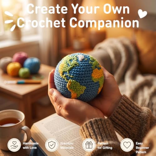 DIY Crochet Earth Globe Kit for Beginners – Handmade Amigurumi Planet Ball Craft Set with Yarn, Fiberfill, Keychain Strap & Instructions – Easy Beginner Crochet Decor and Pendant Gift for Adults