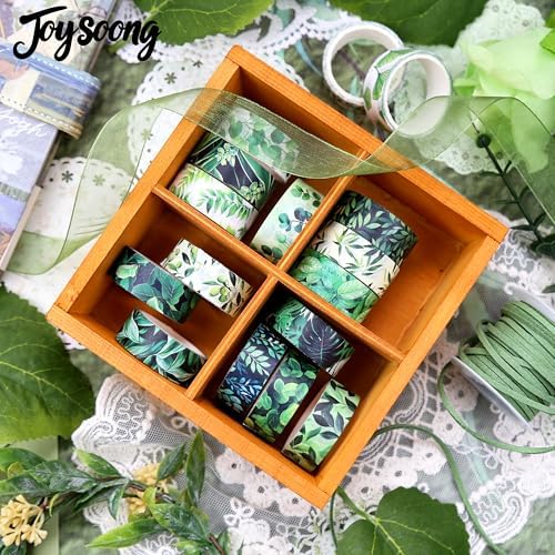 Botanical Green Washi Tape Set- 16 Rolls Leaf Themed Decorative Tape for Journals & Nature Crafts Scrapbooks (0.6" x 10 ft) - Monstera, Bamboo, Olive, Ginkgo, Mint Leaves