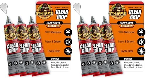 Gorilla Clear Grip Waterproof Contact Adhesive; Fast-Setting; Waterproof; Flexible; Permanent Bond; 3 Ounce Tube; Crystal Clear (Pack of 6)