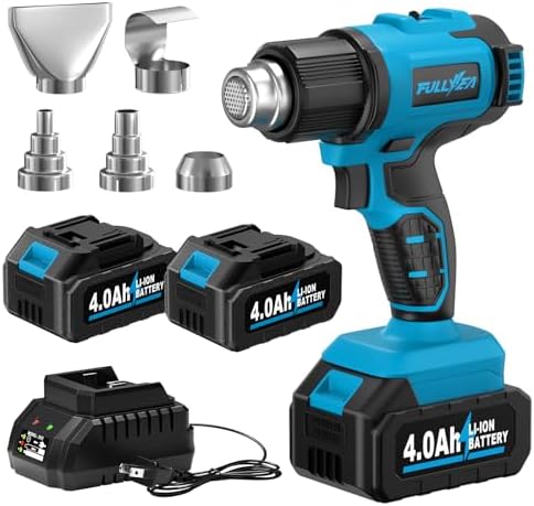 FULLYEA Heat Gun Cordless, Portable Hot Air Gun Kit with 5 Nozzles, Max 550℃/1022℉, Soldering Heat Gun with 2*4.0Ah Battery & Charger, Cordless Heating Gun for Shrink Tubing, Vinyl Wrap, Craft (Blue)