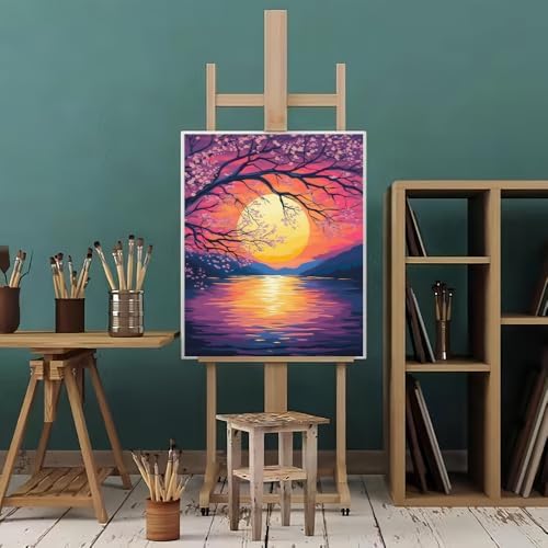 Natuyalo Sunset Scenery Paint by Numbers Kit for Adults, Lakeside View Painting by Numbers, DIY Acrylic Paint Kit for Adults Frameless, Easy Adult Paint by Number Kits on Canvas for Decor 16x20 inch