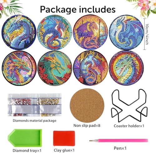 Diamond Art Coasters Kit, 8 Pieces Dragon Diamond Painting Coasters Kit