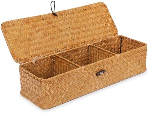 Nonam 3-Section Divided Storage Small Basket with Lid,Shelf Basket-Natural