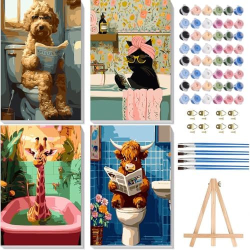 4 Pack Cow Cat Paint by Numbers for Adults with Framed Canvas 8x12inch