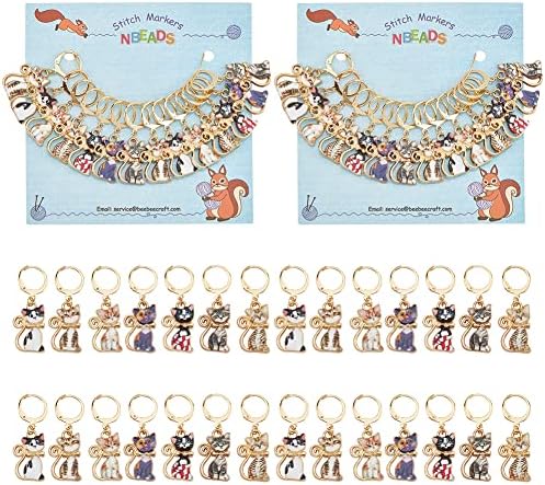 NBEADS 28 Pcs Cat Charm Stitch Markers, 7 Styles Alloy Enamel Cute Cat Crochet Charms Removable Locking Stitch Marker with 304 Stainless Steel Clasp for Sewing Accessories Quilting Jewelry