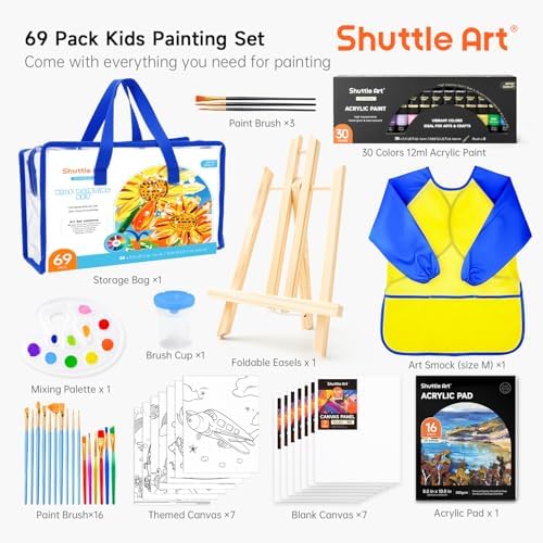 69 Pack Kids Paint Set, Shuttle Art Art Set for Kids with 30 Colors Acrylic Paint, Wood Easel, Canvas, Painting Pad, Brushes, Palette and Smock, Complete Paint Set for Boys and Girls(package may very)