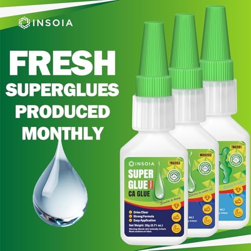 INSOIA Super Thin CA Glue, 20g, Strong Bond, with Precision Tips