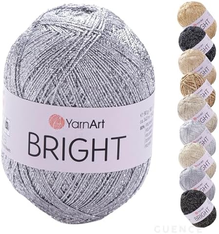 YarnArt Bright Metallic Glitter Yarn – 80% Polyamide 20% Metallic Polyester, 90g 340m, Soft Sparkle Fiber for Crochet, Lace, Summer Tops & Accessories – 4 mm Needle & Hook (235, Light Silver)