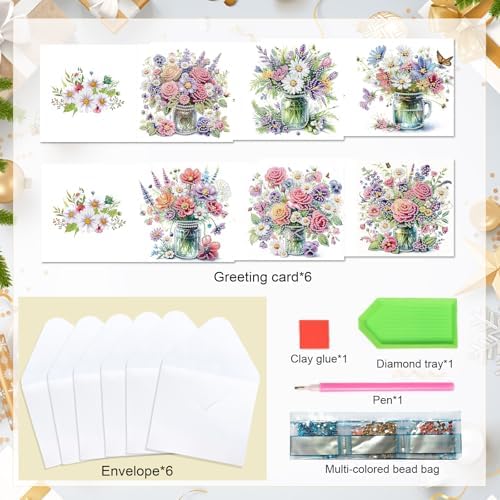 Tontut 6pcs Diamond Art Painting Greeting Card, Pretty Vase Beautiful Flowers 5D DIY Special Shape Diamond Painting Christmas Birthday Greeting Card Creative Gifts