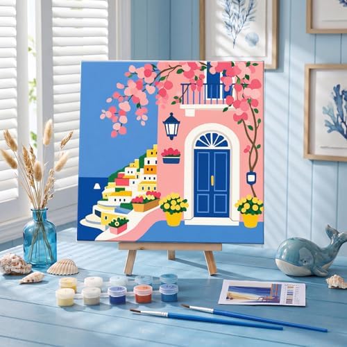 Nezyo 8 Sets 8 x 8 Inch Paint by Numbers Kit for Adult Beginners with Wooden Easels Acrylic Paint by Number Landscape Paintings Kits for DIY Party Home Decor Gift(Town)