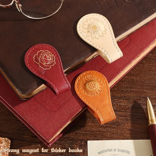 3PCS Vintage Magnetic Leather Bookmark, Leather Magnetic Bookmarks for Women, Magnetic PU Bookmarks Clip Book Accessories, Gilded Flower