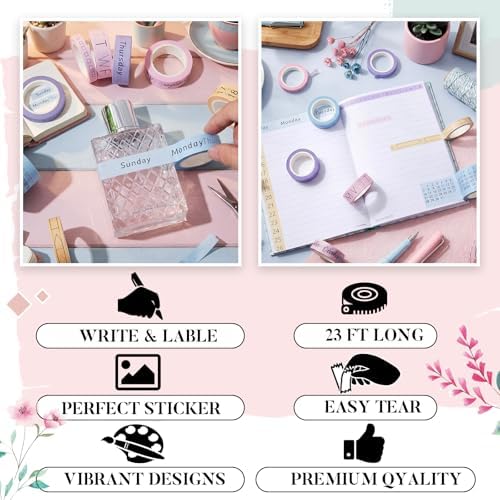 Chuangdi 9 Rolls Calendar Washi Tape Set,Pink, Purple, Yellow, Blue | Vintage Day Week Month Date Number Calendar Washi for Journaling, Planner Decoration, Journal Labels, Arts Crafts
