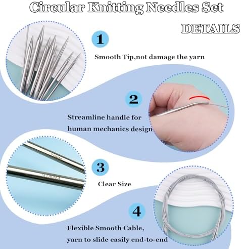 Hobekoee Knitting Needles Set,22Pcs 13.8" Straight Single Pointed Metal Knitting Needles Set and 10Pcs 40" Circular Knitting Needles Kit with Storage Bag for Beginners Knitting Lovers