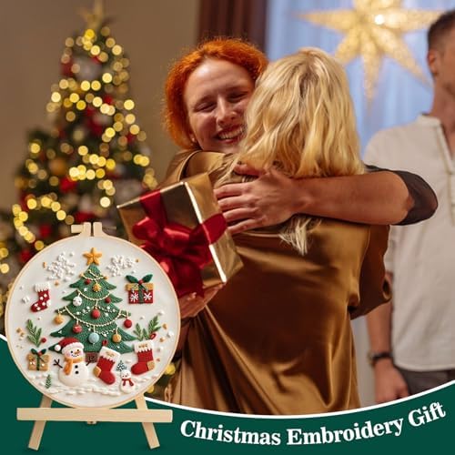 RUIQLXHANG Christmas Embroidery Kit, Gnomes Embroidery Kits for Beginners with Pattern, Cotton Threads, Needles, Instruction, 20cm Hoop, Gift for Mom, Grandma (Christmas Tree)
