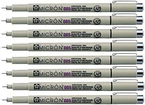 Sakura Pigma Micron pen 005 Black ink marker felt tip pen, Archival pigment ink, fine point for artist drawing pens - 8 pen set