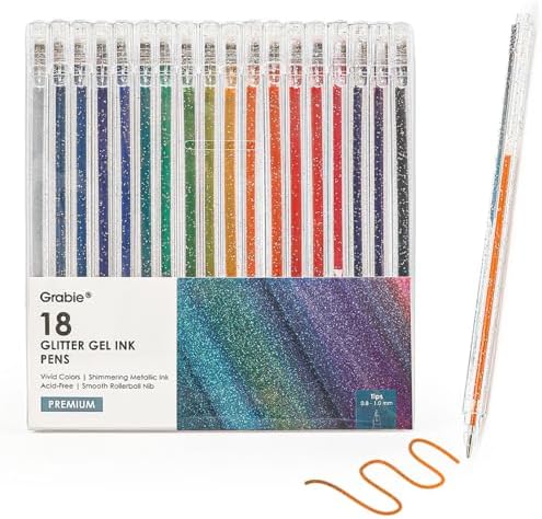 Grabie 18 Color Capped Glitter Gel Pens, Metallic Sparkling | Rich Glitter Effects, Consistent Ink Flow, Comfortable Grip, Precision Writing, Creative Lettering, Coloring