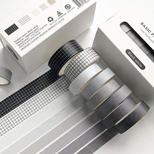 8 Rolls Washi Tape Set Basic Solid Color Black&White Plaid Grid Adhesive Decoration Label Masking Tapes for Journals Scrapbooks Planners Art Craft DIY Album Crafts Project