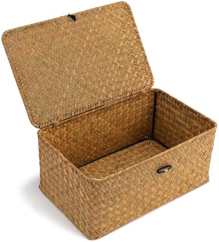 Nonam Small Wicker Basket with Lid,Seagrass Shelf Storage Basket,Natural