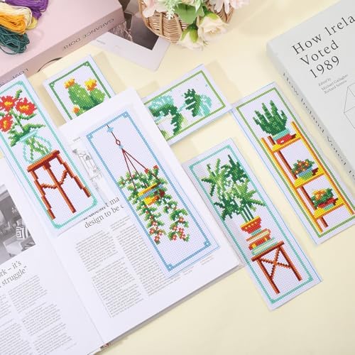 ORIGACH 6 Set Green Plants Cross Stitch Bookmark Kit for Beginner with Backing Felt Floss Instructions DIY Stamped Embroidery Bookmark Kit for Adults, Book Lovers