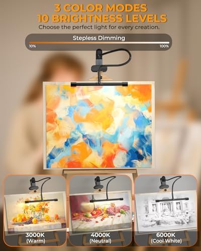 Clip-On Easel Lights for Painting,7W Artist Lamp,3 Color Modes,10 Brightness Levels,Flexible Gooseneck Clip Light for Easel,Desk,Piano,Monitor,USB Powered & No Battery(Adapter Not Included)