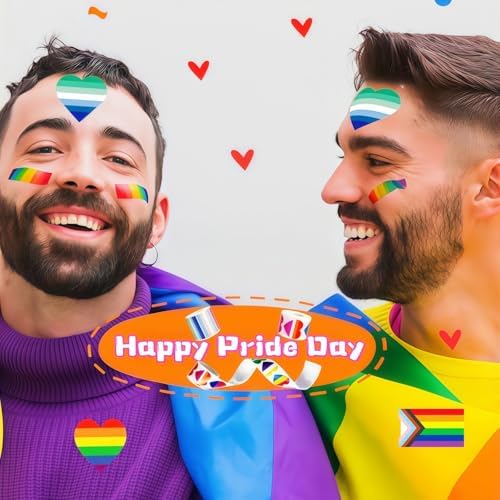 Pride Stickers 1000 PCS, Rainbow Heart & Flag LGBTQ Stickers for Transgender, Lesbian, Bi, Gay, Progress Pride, Pride Month,Parade Accessories, 16 Designs (500 Pieces Per Roll)