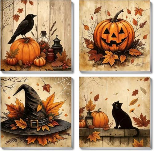 KYOQFVN 4 Pack Paint by Numbers Kit for Adults with Frame - Pumpkin Halloween Paint by Number - Witch Hat Painting by Number Kits, DIY Acrylic Oil Painting Kits for Home Wall Decor (8X8inch)